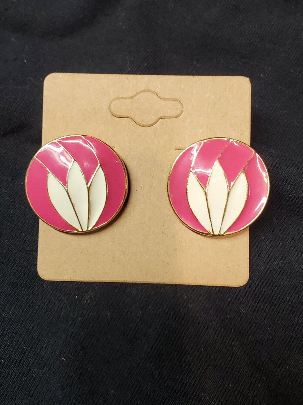 Vintage Allison Reed Enamel Earrings Signed AR Pink Cream Lotus Flower 1980s Ret